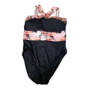 Hilor Floral Black And Pink Women's Swimsuit 10-12 Crossover One Piece